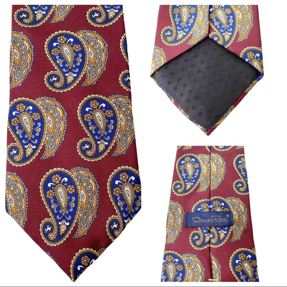 Oscar De La Renta Italian Silk Tie Paisley Burgundy Blue Mens